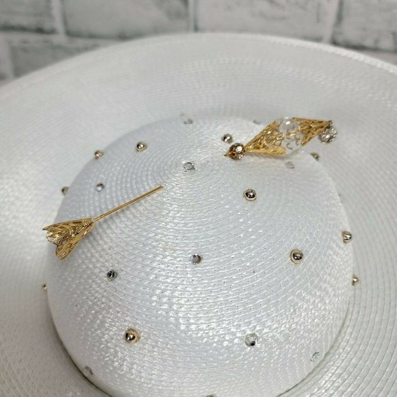 Vintage 80s 90s TIM CRAWFORD White Straw Rhinestone Beaded‎ Derby Cartwheel Hat main image 9